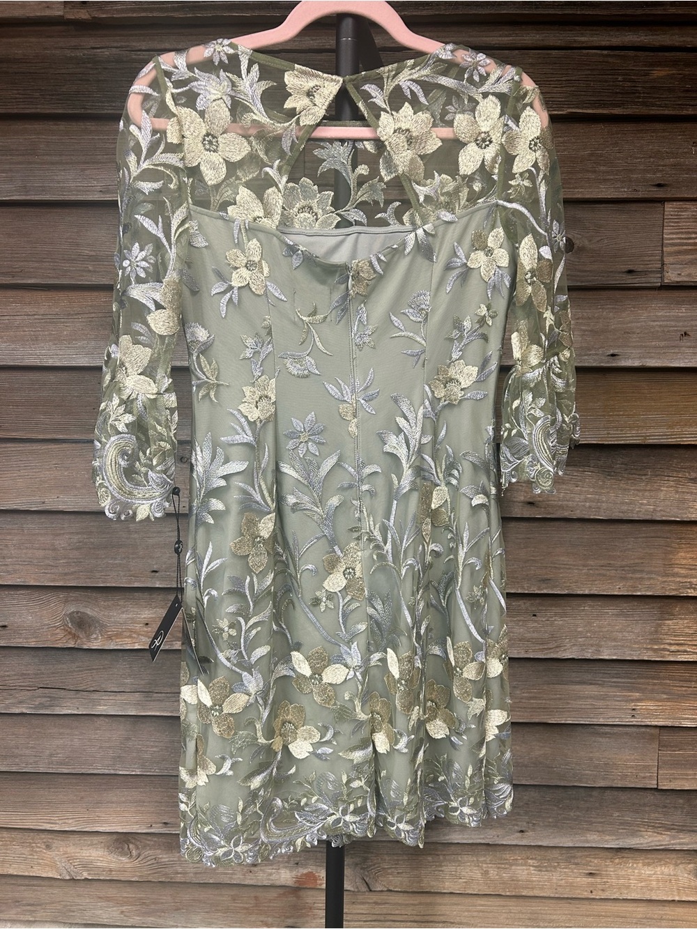 Embellished Sage Green Floral Lace Dress by Adriana Papell